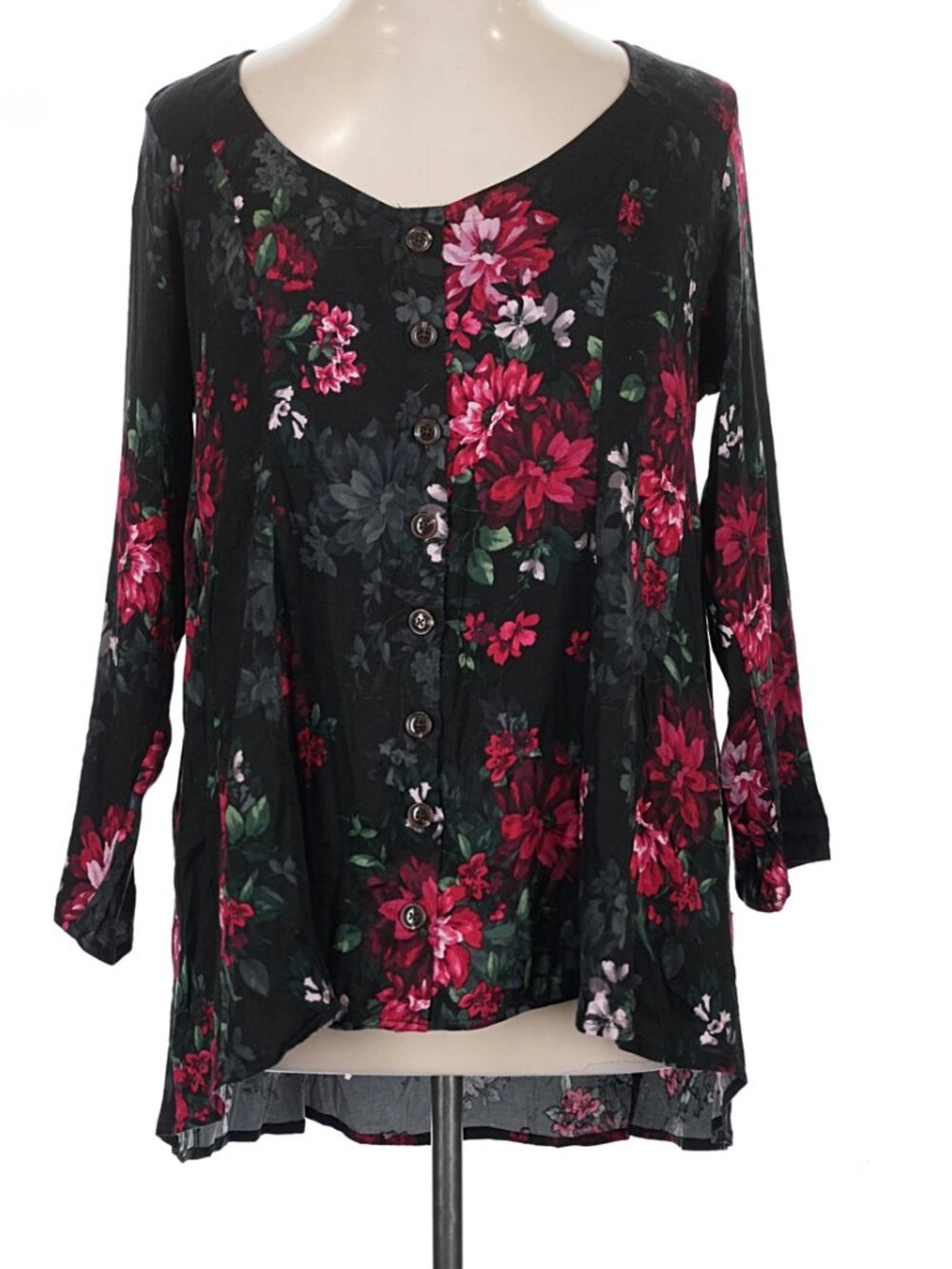torrid Red & Black floral roses Long Sleeve Blouse Fit & Flare High Low Top